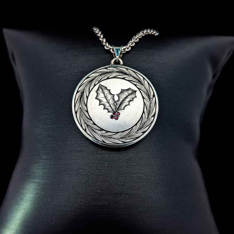 Engraved Holly Pendant with Garnets in Sterling Silver