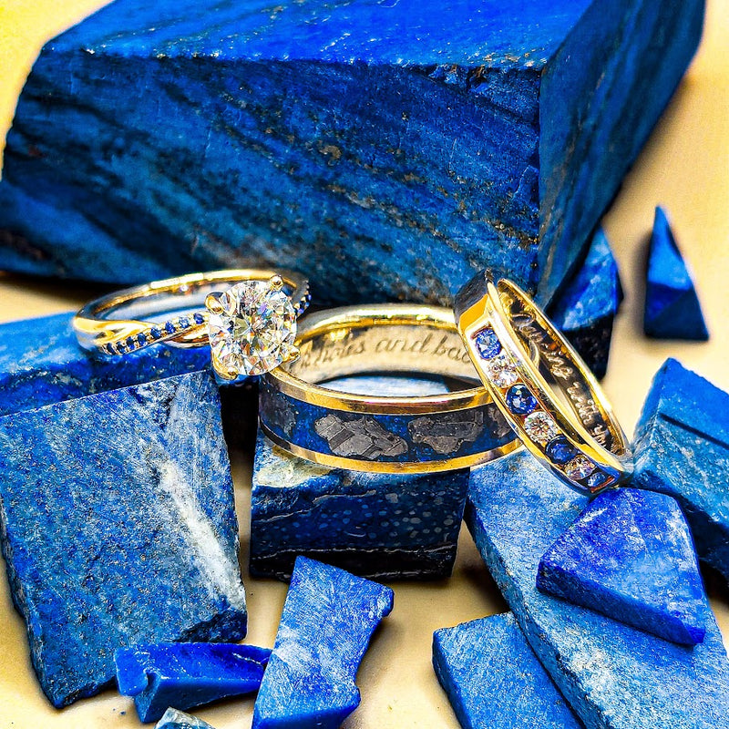 Sapphire and Gold engagement and wedding bands